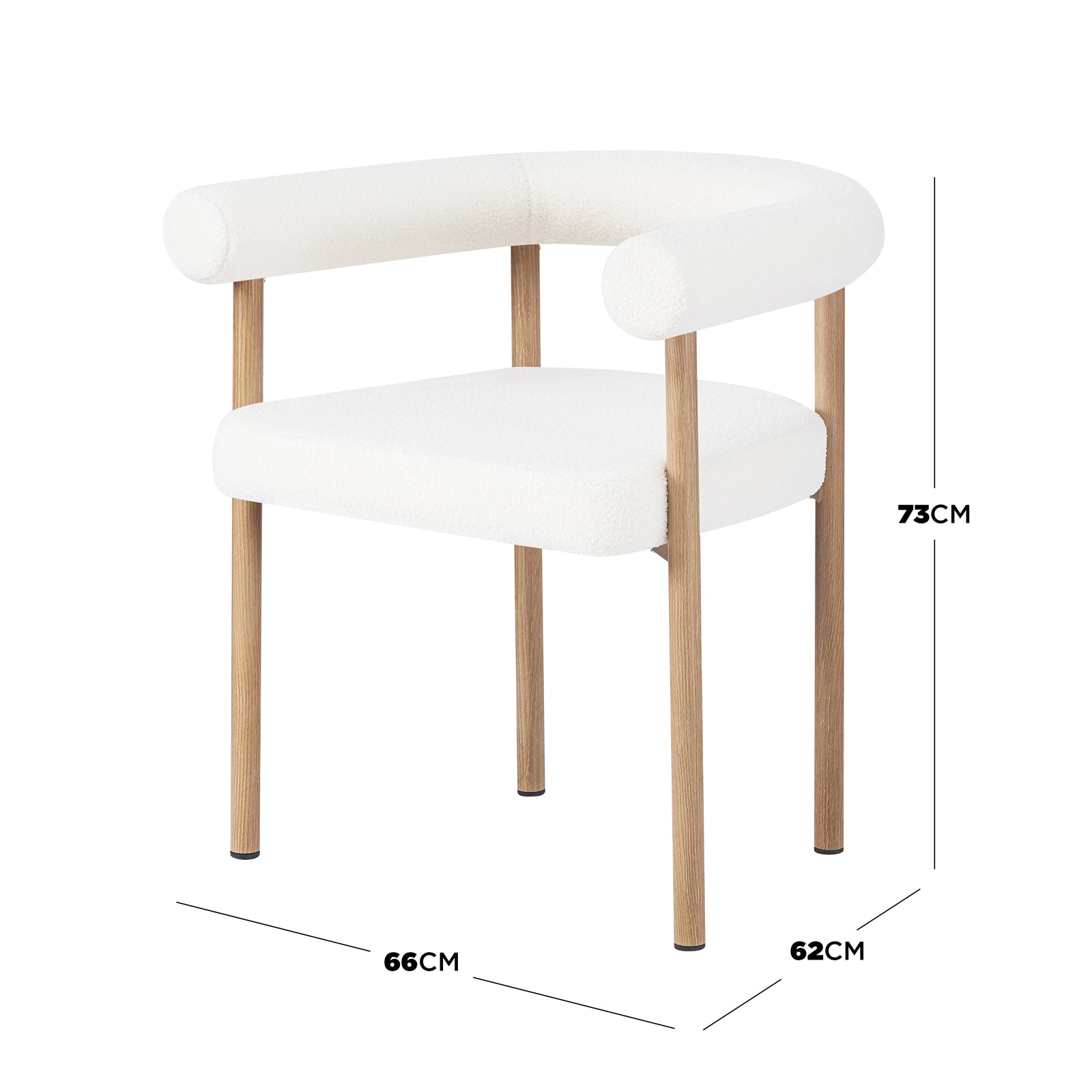 Ohio Curved Boucle Dining Chair Set of 2 features a modern design with curved backrest, cream boucle upholstery, and oak-finished legs. Dimensions: 66 cm wide, 62 cm deep, 73 cm tall.