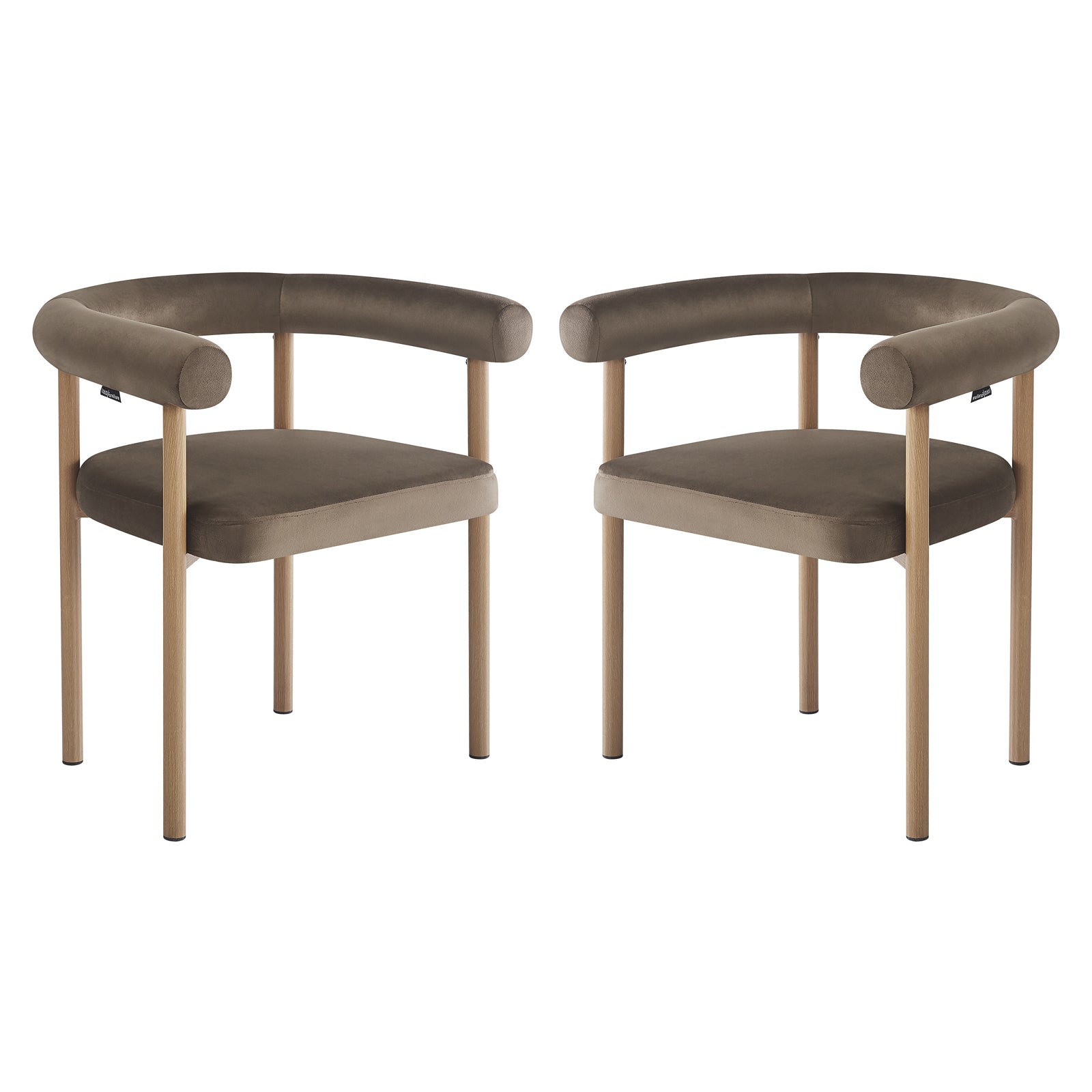 Two Ohio Velvet Dining Chairs with natural legs and espresso brown finish, featuring a minimalist design with curved backrests and padded seats, set against a plain white background.