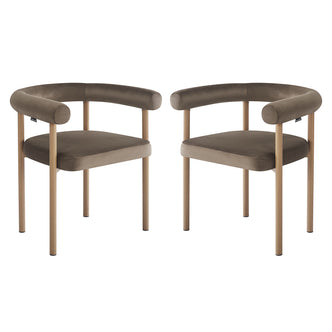 Two Ohio Velvet Dining Chairs with natural legs and espresso brown finish, featuring a minimalist design with curved backrests and padded seats, set against a plain white background.