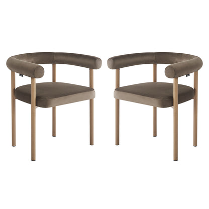 Two Ohio Velvet Dining Chairs with natural legs and espresso brown finish, featuring a minimalist design with curved backrests and padded seats, set against a plain white background.