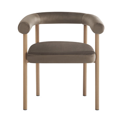 Ohio Velvet Dining Chair w/ Natural Legs Espresso Brown Set of 2 features a modern design with brown-taupe velvet upholstery, curved backrest, and slender wooden legs, adding elegance and comfort to dining spaces.