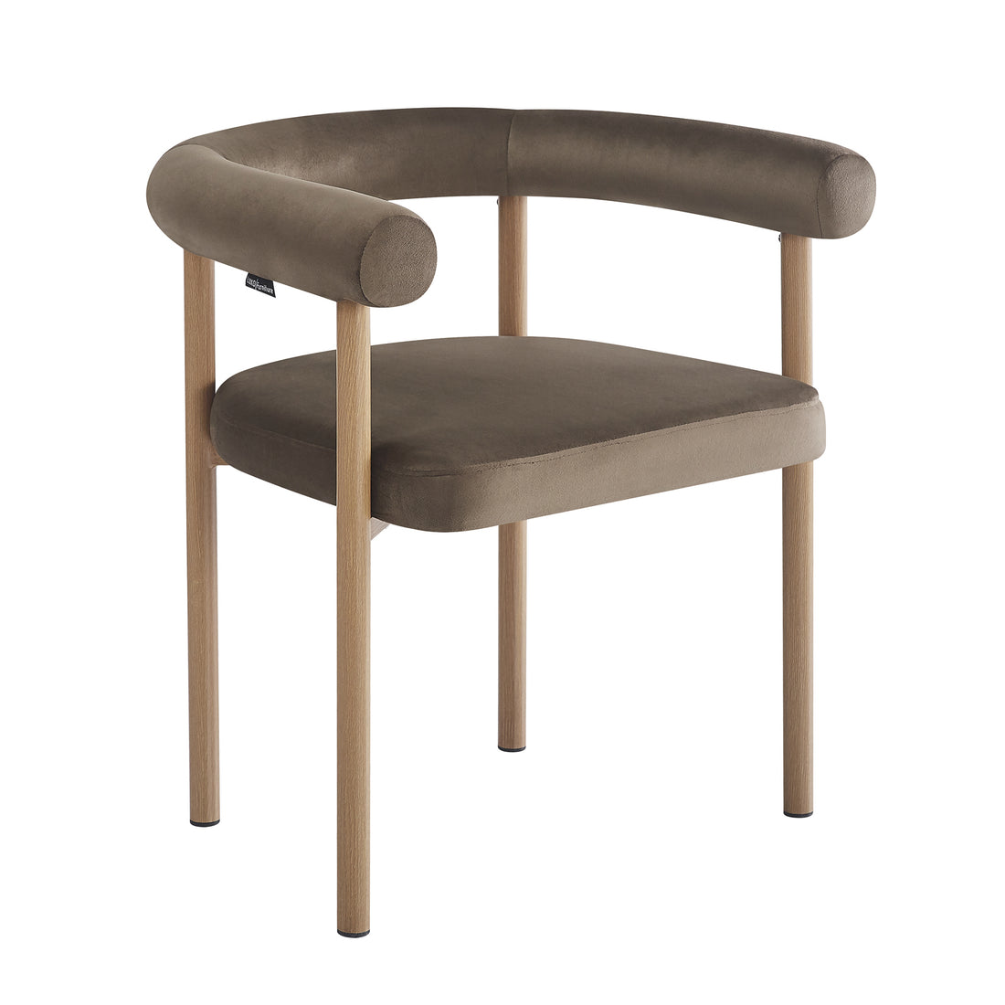 Ohio Velvet Dining Chair in Espresso Brown features a modern design with a plush, curved velvet seat and low, tubular backrest, supported by four slender light-wood legs, sold as a set of two.