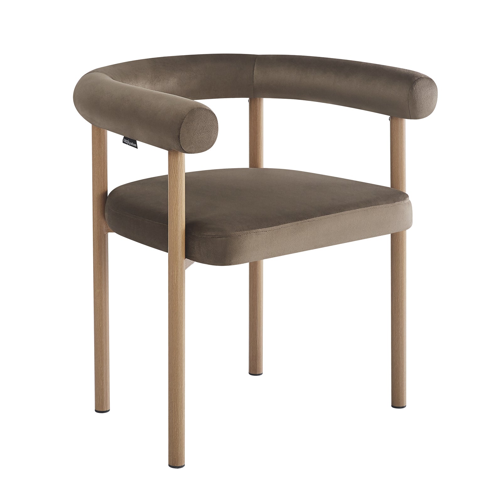 Ohio Velvet Dining Chair in Espresso Brown features a modern design with a plush, curved velvet seat and low, tubular backrest, supported by four slender light-wood legs, sold as a set of two.