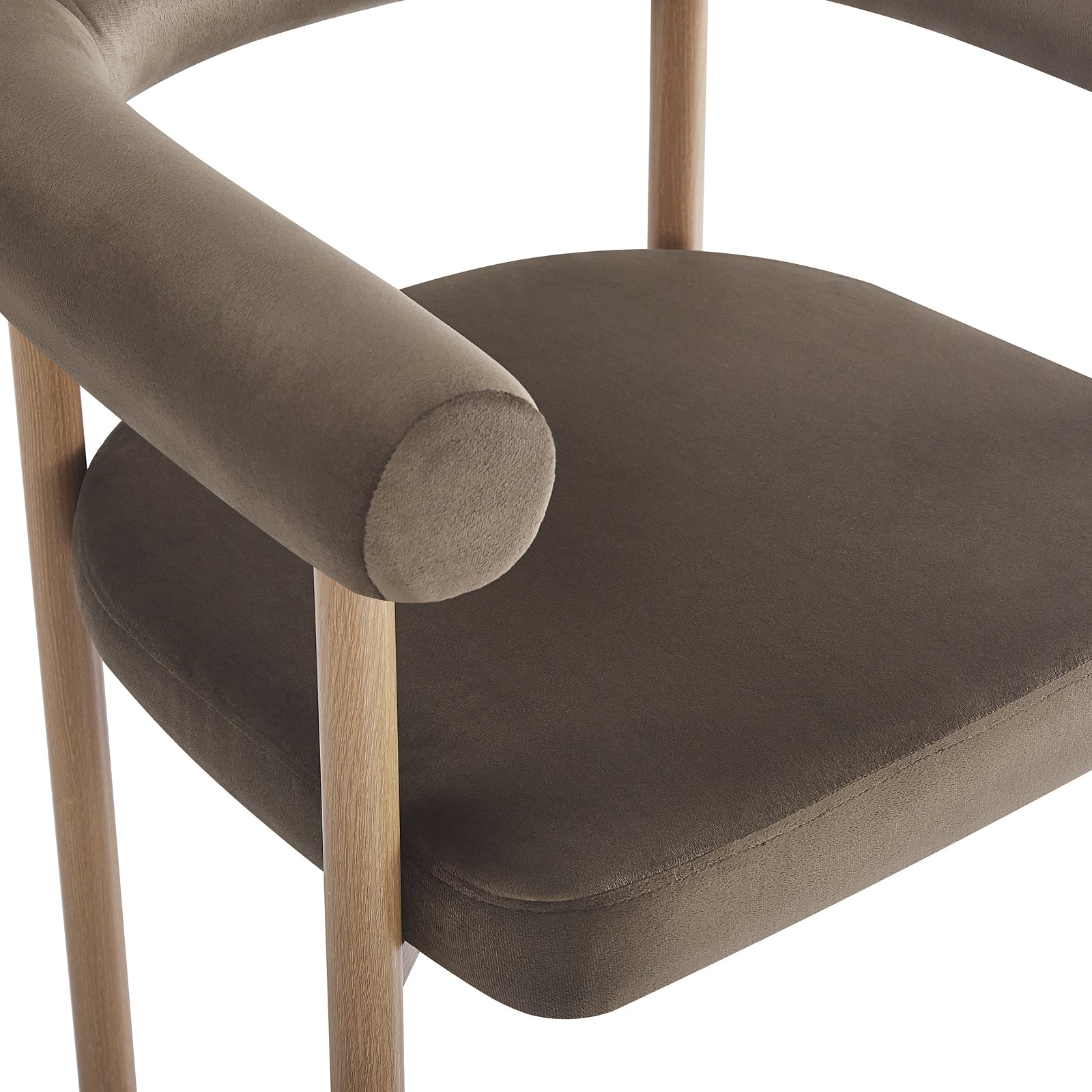 Close-up of Ohio Velvet Dining Chair w/ Natural Legs Espresso Brown Set of 2, showcasing muted brown padded seat, tubular backrest, and light-finished wood frame, highlighting luxurious velvet upholstery and oak-look metal frame.