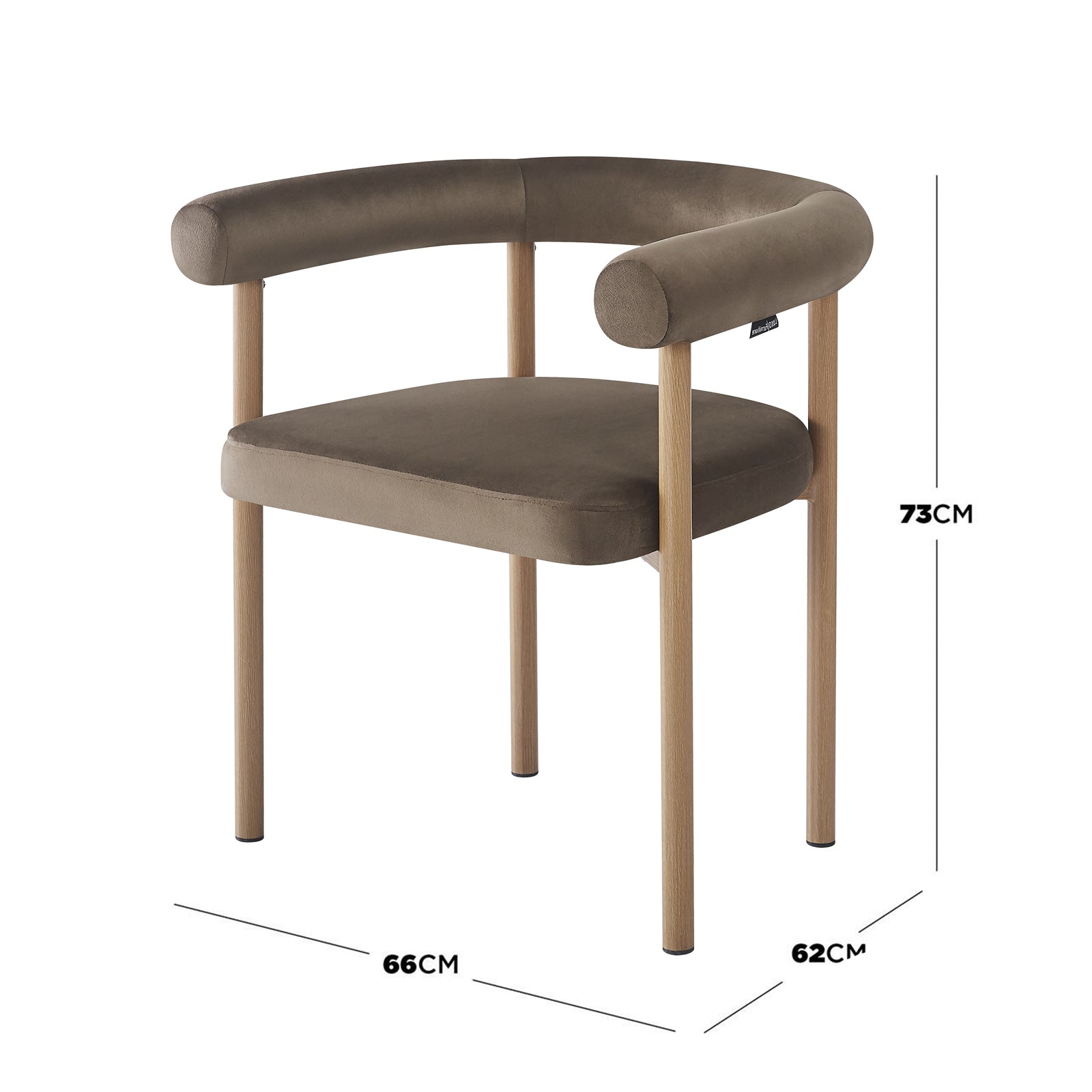 Ohio Velvet Dining Chair w/ Natural Legs Espresso Brown Set of 2 features taupe-brown velvet upholstery, a tubular half-round backrest with short armrests, and light-wood-finish legs, measuring 73x66x62 cm.