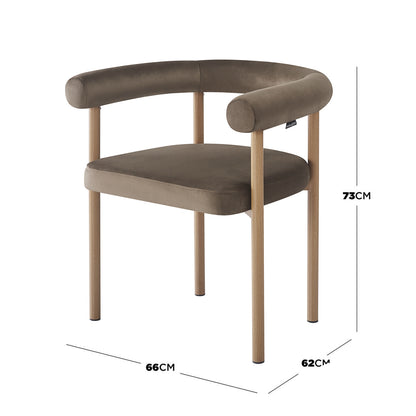 Ohio Velvet Dining Chair w/ Natural Legs Espresso Brown Set of 2 features taupe-brown velvet upholstery, a tubular half-round backrest with short armrests, and light-wood-finish legs, measuring 73x66x62 cm.