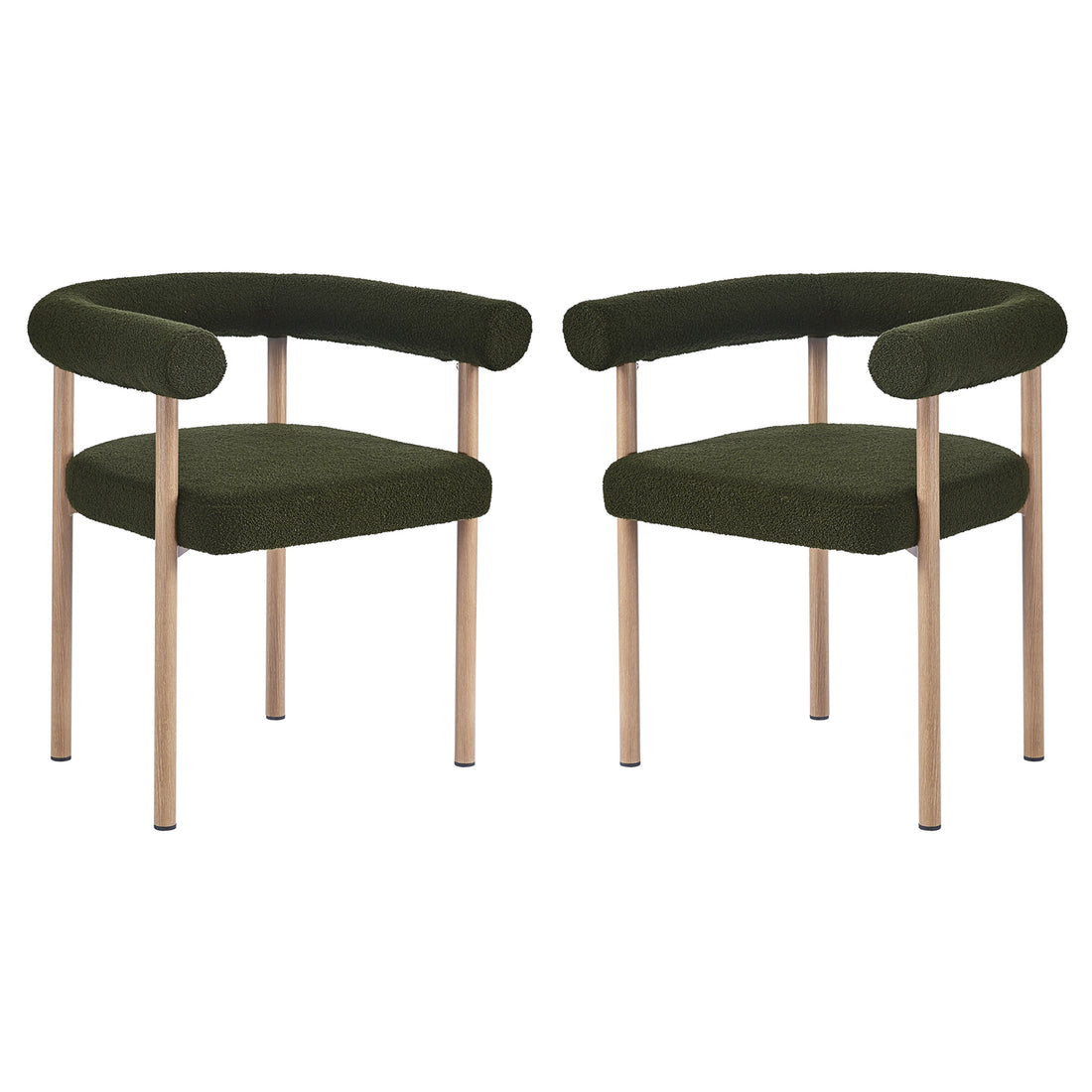 Ohio Curved Boucle Dining Chair Set of 2 in Green & Oak features plush green bouclé upholstery with rounded backrest and armrests, complemented by light wood legs, offering modern elegance and comfort.