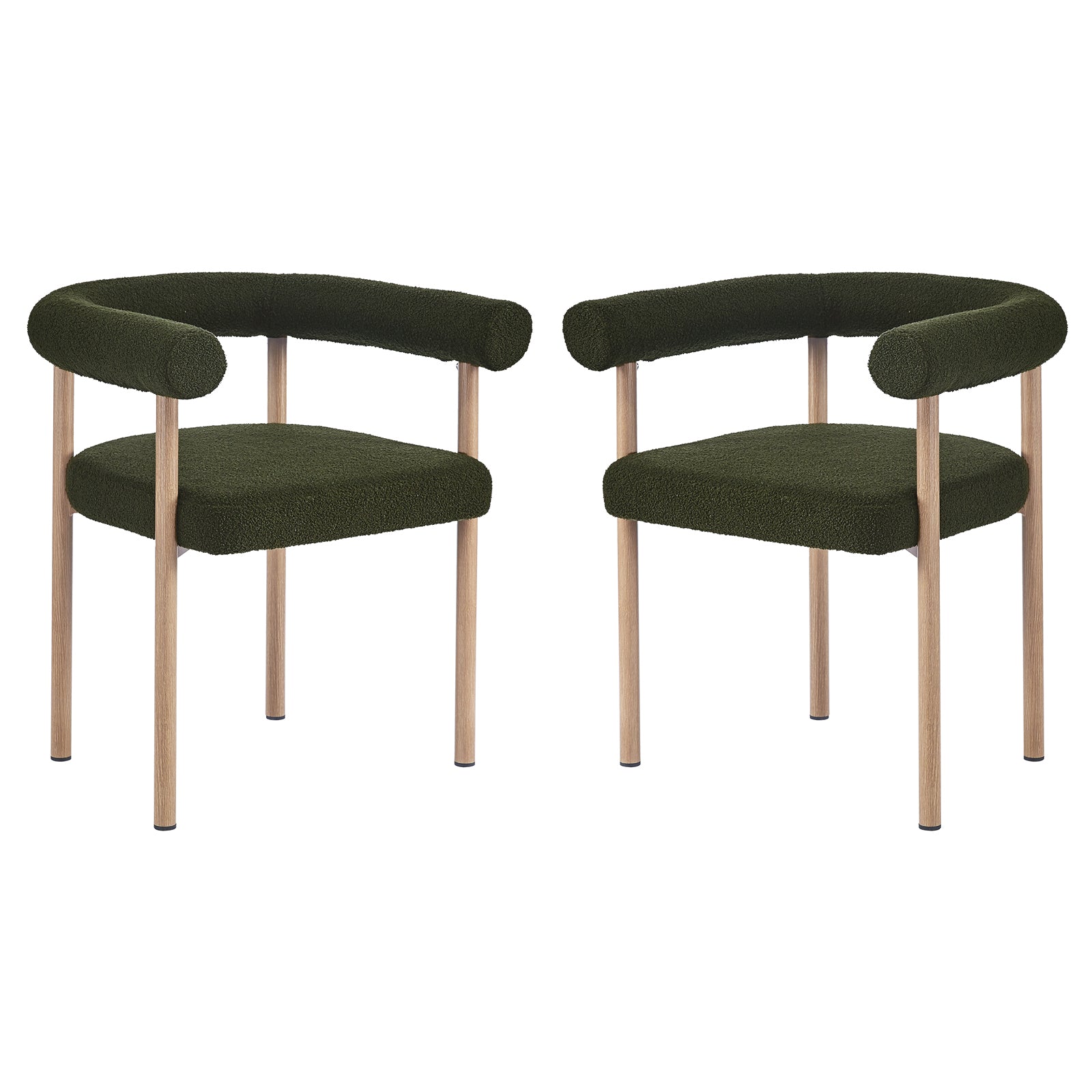 Ohio Curved Boucle Dining Chair Set of 2 in Green & Oak features plush green bouclé upholstery with rounded backrest and armrests, complemented by light wood legs, offering modern elegance and comfort.