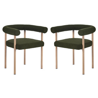Ohio Curved Boucle Dining Chair Set of 2 in Green & Oak features plush green bouclé upholstery with rounded backrest and armrests, complemented by light wood legs, offering modern elegance and comfort.