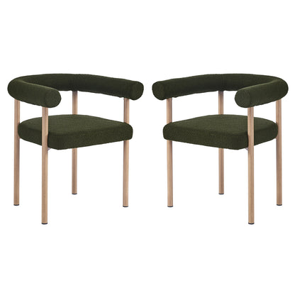 Ohio Curved Boucle Dining Chair Set of 2 in Green & Oak features plush green bouclé upholstery with rounded backrest and armrests, complemented by light wood legs, offering modern elegance and comfort.
