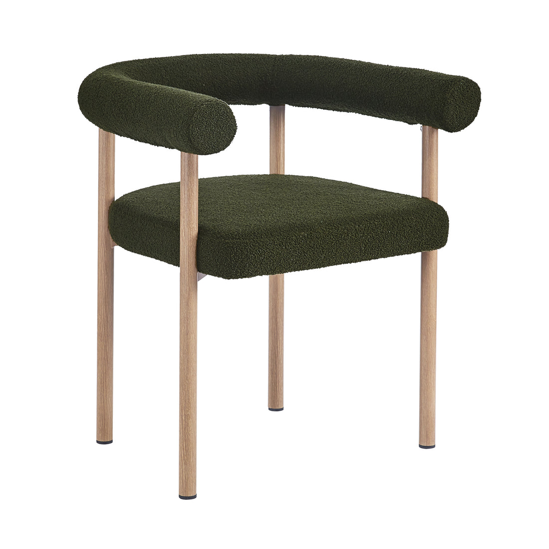 Ohio Curved Bouclé Dining Chair Set of 2 in Green & Oak features light oak legs and a deep olive-green upholstered seat with a sculptural backrest, combining modern design with ergonomic comfort.