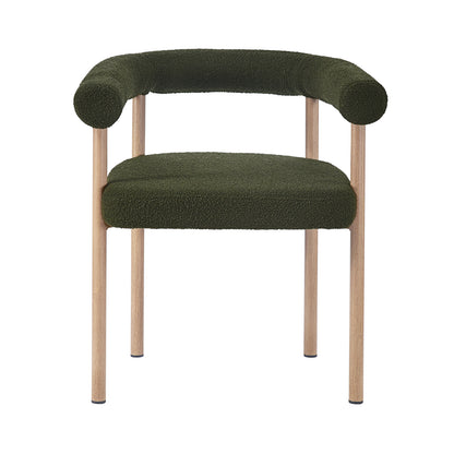 Ohio Curved Boucle Dining Chair Set of 2 in Green & Oak features plush dark olive-green boucle upholstery and light oak-finish legs, offering modern elegance with ergonomic U-shaped backrest and curved armrests.