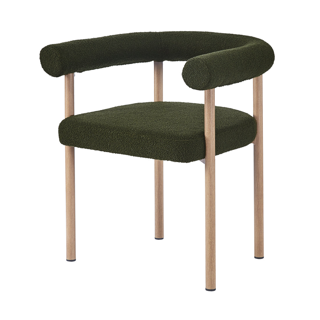 Ohio Curved Boucle Dining Chair Set of 2 in Green & Oak features a dark green boucle-upholstered boxy seat, matching curved tubular back/armrest, and four light oak-finish wooden legs, ideal for modern dining spaces.