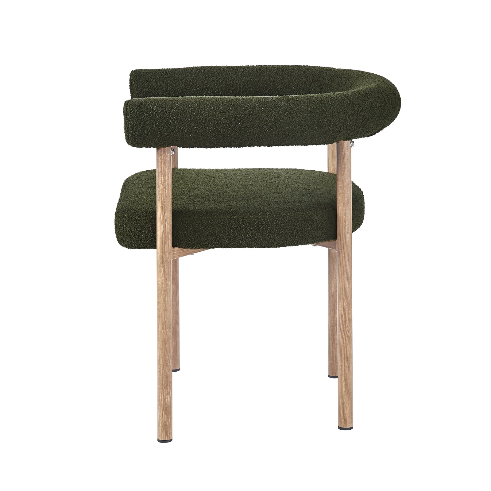 Ohio Curved Boucle Dining Chair Set of 2 in Green & Oak, featuring a modern design with curved backrest and plush dark green boucle upholstery, complemented by light-toned wood legs for a Scandinavian-inspired look.