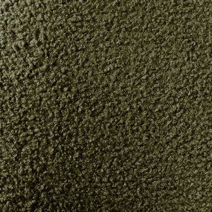 Close-up of Ohio Curved Bouclé Dining Chair Set of 2 in Green & Oak, showcasing olive-green curly-pile upholstery and warm oak-finish legs, emphasizing its plush texture and modern design.