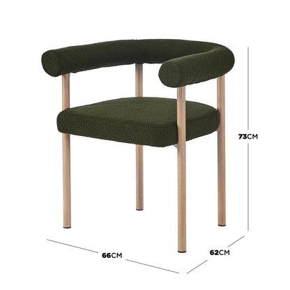 Ohio Curved Boucle Dining Chair Set of 2 in Green & Oak features cushioned seats and curved backrests in dark olive-green boucle fabric, supported by four light oak cylindrical legs.