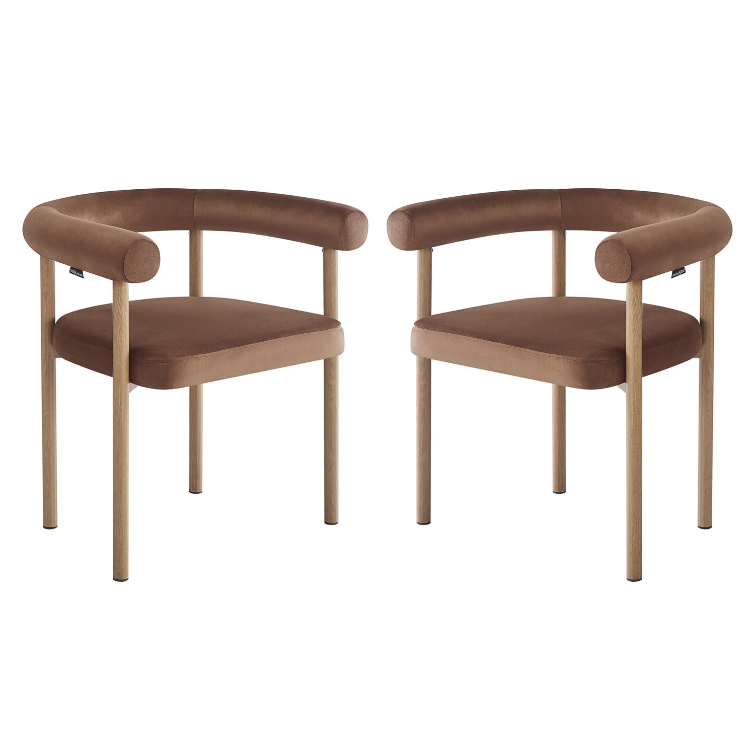 Ohio Velvet Dining Chair w/ Natural Legs Mocha Mousse Set of 2 features curved brown velvet upholstery, tubular backrests, and straight cylindrical wooden legs, showcasing modern minimalist design against a white background.