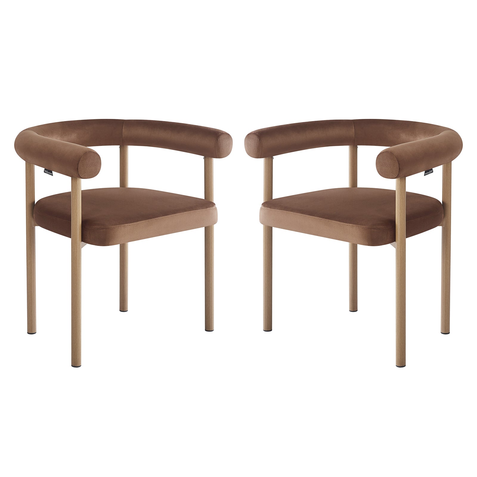 Ohio Velvet Dining Chair w/ Natural Legs Mocha Mousse Set of 2 features curved brown velvet upholstery, tubular backrests, and straight cylindrical wooden legs, showcasing modern minimalist design against a white background.