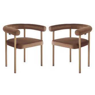 Ohio Velvet Dining Chair w/ Natural Legs Mocha Mousse Set of 2 features curved brown velvet upholstery, tubular backrests, and straight cylindrical wooden legs, showcasing modern minimalist design against a white background.