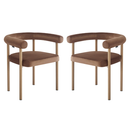 Ohio Velvet Dining Chair w/ Natural Legs Mocha Mousse Set of 2 features curved brown velvet upholstery, tubular backrests, and straight cylindrical wooden legs, showcasing modern minimalist design against a white background.