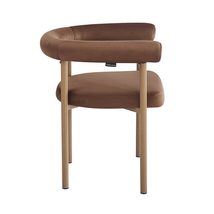 Ohio Velvet Dining Chair w/ Natural Legs Mocha Mousse Set of 2: features a rounded brown padded seat and wraparound back/armrest on four straight light-wood legs, tagged LUXO furniture.