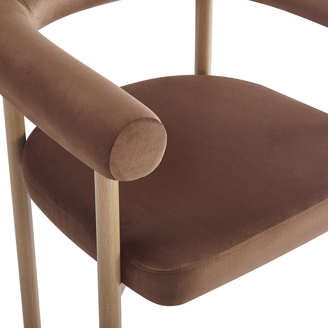 Ohio Velvet Dining Chair w/ Natural Legs Mocha Mousse Set of 2 features padded brown velvet seats, cylindrical armrests, and light wood legs, showcasing plush elegance and supportive comfort.