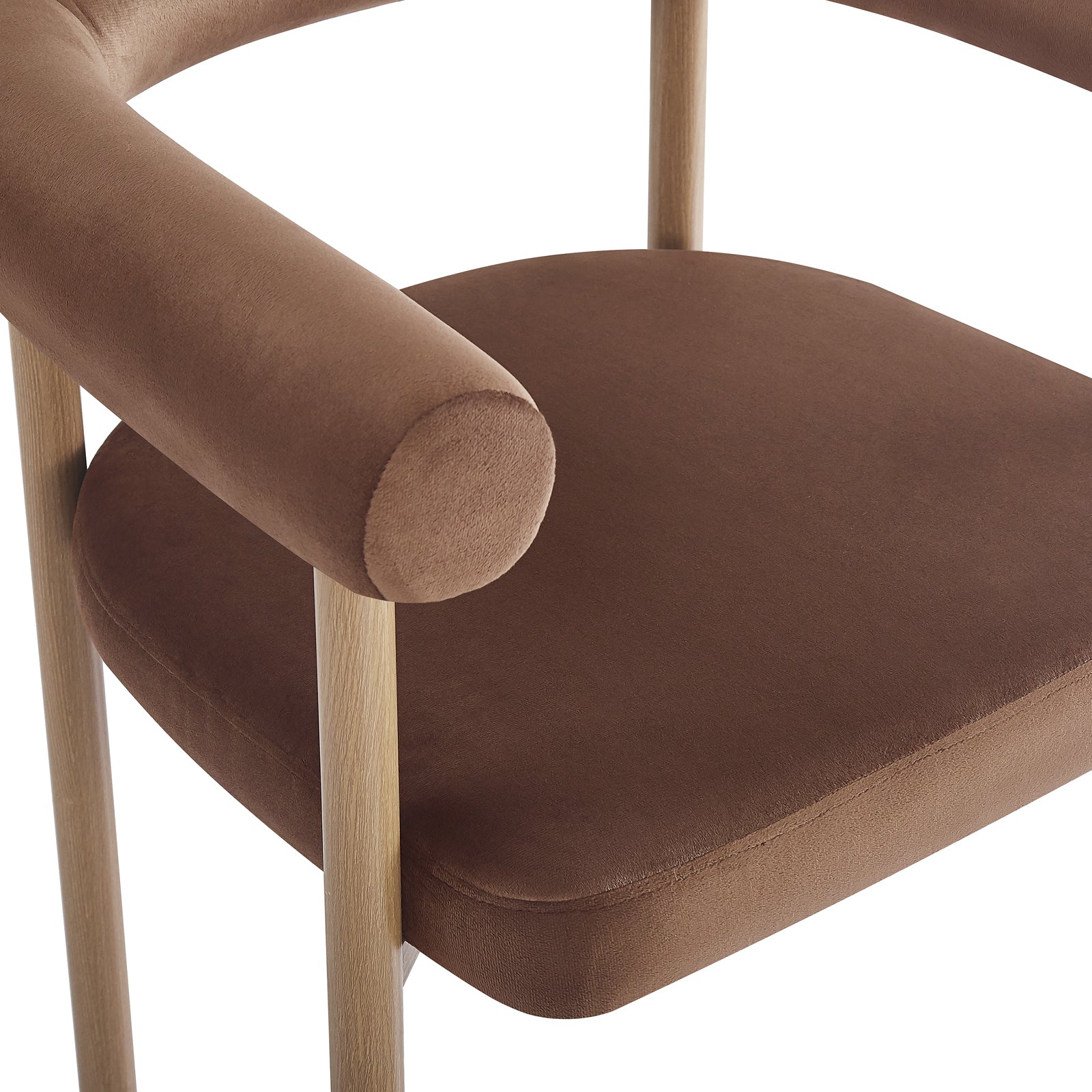 Ohio Velvet Dining Chair w/ Natural Legs Mocha Mousse Set of 2 features padded brown velvet seats, cylindrical armrests, and light wood legs, showcasing plush elegance and supportive comfort.