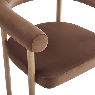 Ohio Velvet Dining Chair w/ Natural Legs Mocha Mousse Set of 2 features padded brown velvet seats, cylindrical armrests, and light wood legs, showcasing plush elegance and supportive comfort.