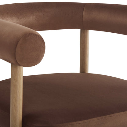 Ohio Velvet Dining Chair w/ Natural Legs Mocha Mousse Set of 2 features a round brown fabric cushion and matching cylindrical back/arm-rest on a light-wood frame with smooth, turned dowel-style legs.