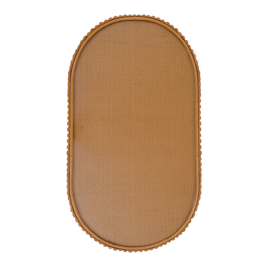 Olive Natural Rattan Side Coffee Table - Honey; a brown oval table with scalloped edges, showcasing a woven rattan design, ideal for versatile home décor and compact living spaces.