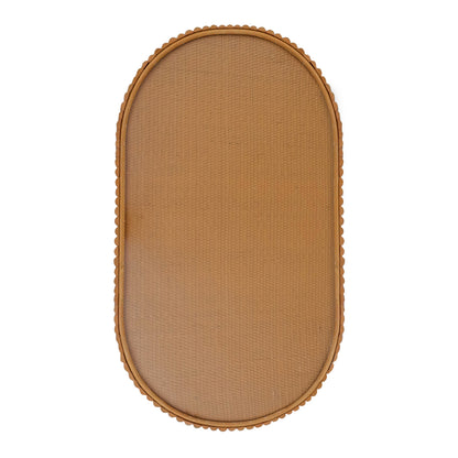 Olive Natural Rattan Side Coffee Table - Honey; a brown oval table with scalloped edges, showcasing a woven rattan design, ideal for versatile home décor and compact living spaces.
