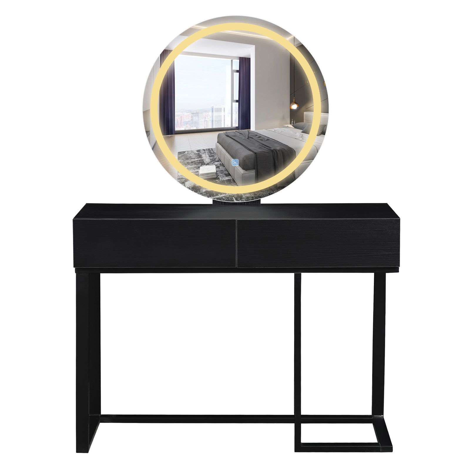 Ophira Dressing Table with Touch Screen Mirror Light – Black, featuring a sleek console with two drawers, angular metal legs, and a large circular mirror with integrated warm LED light ring.