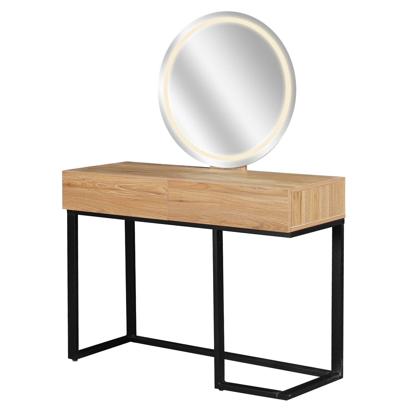 Ophira Dressing Table with Touch Screen Mirror in Light Oak features a light-wood tabletop with two drawers on a black metal base, complemented by a round LED-lit mirror for versatile lighting.
