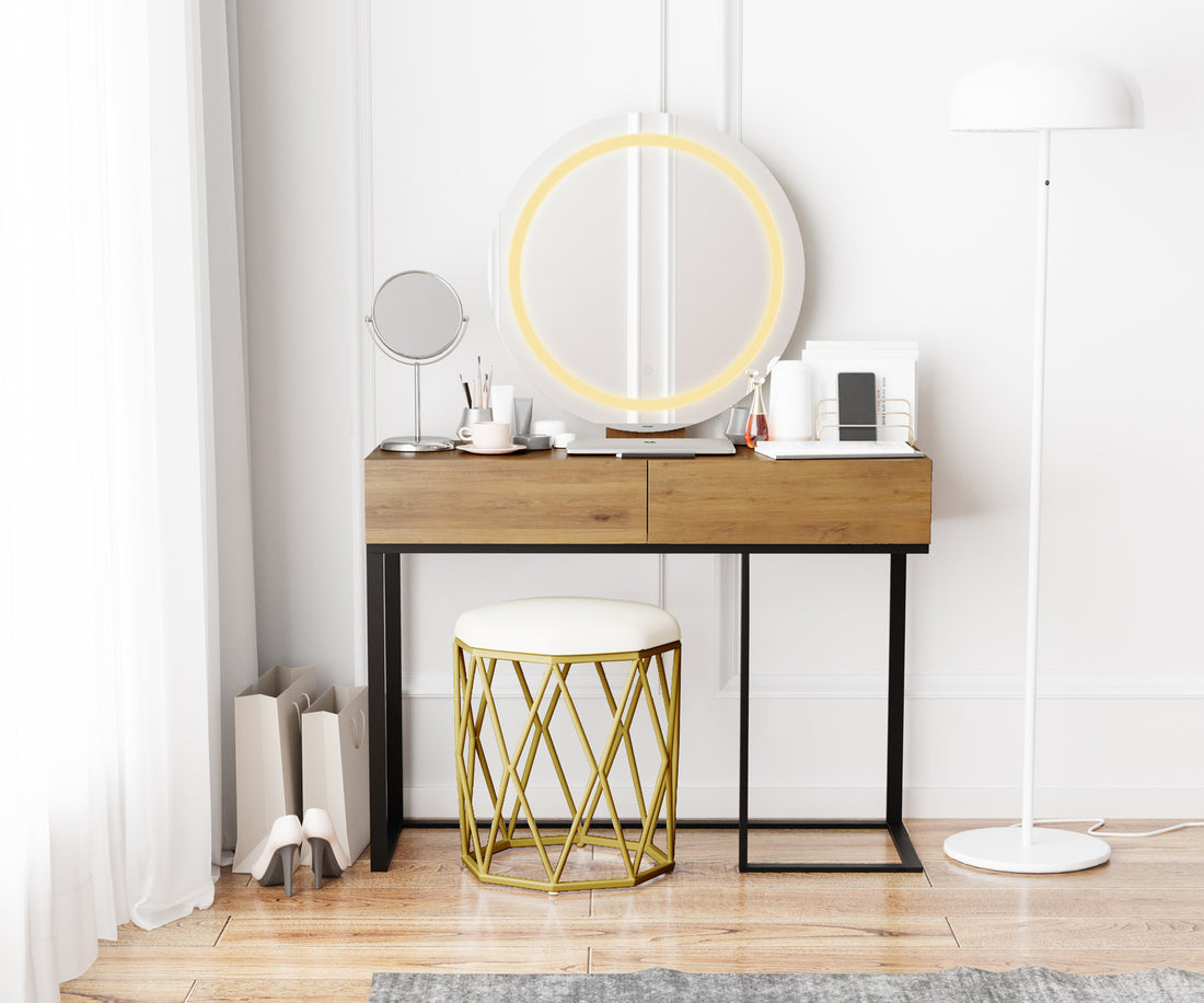 Ophira Dressing Table with Touch Screen Mirror in Light Oak features a sleek desk with drawers, circular LED mirror, geometric stool, and accessories, perfect for a stylish makeup or workspace setup.