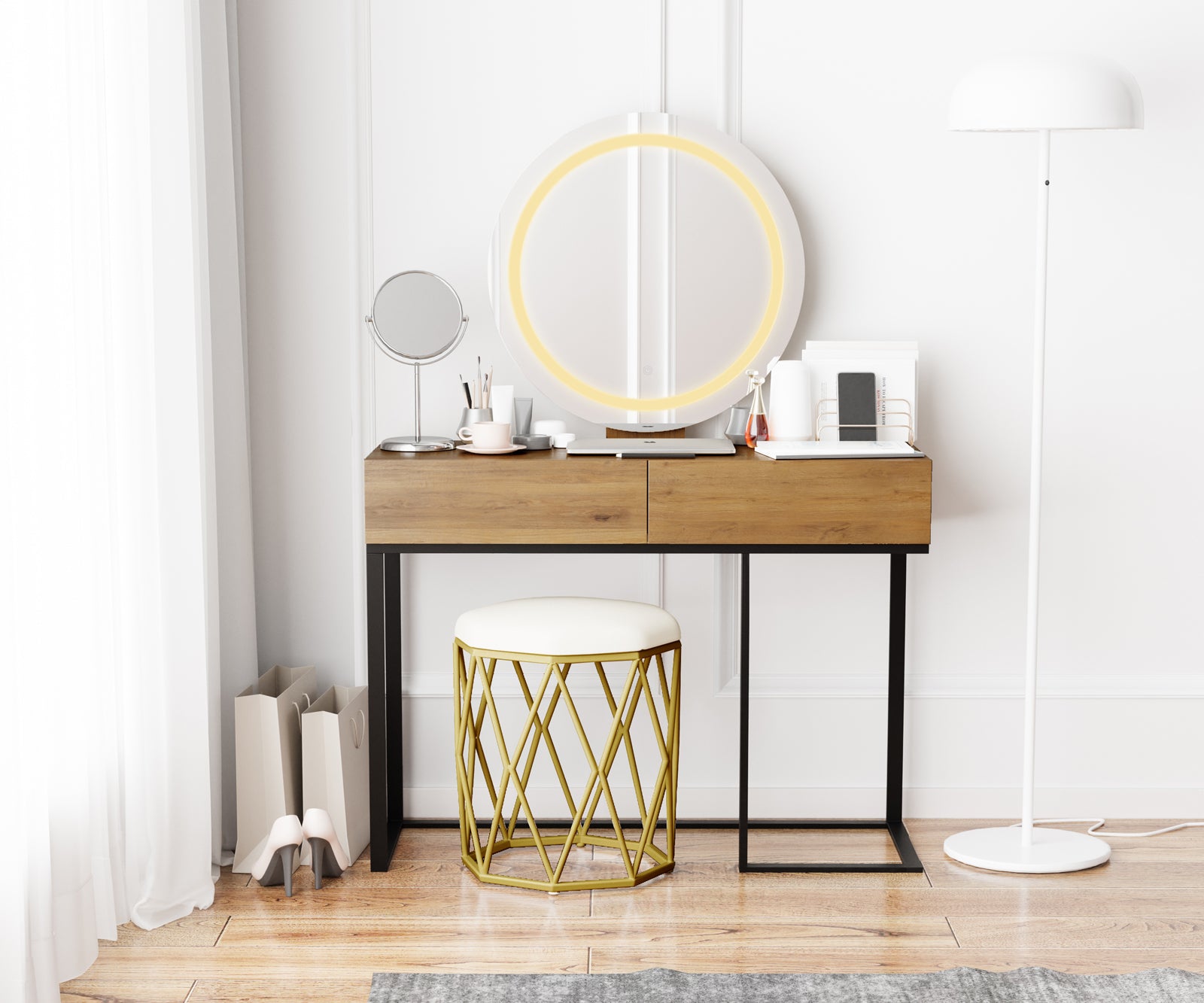 Ophira Dressing Table with Touch Screen Mirror in Light Oak features a sleek desk with drawers, circular LED mirror, geometric stool, and accessories, perfect for a stylish makeup or workspace setup.