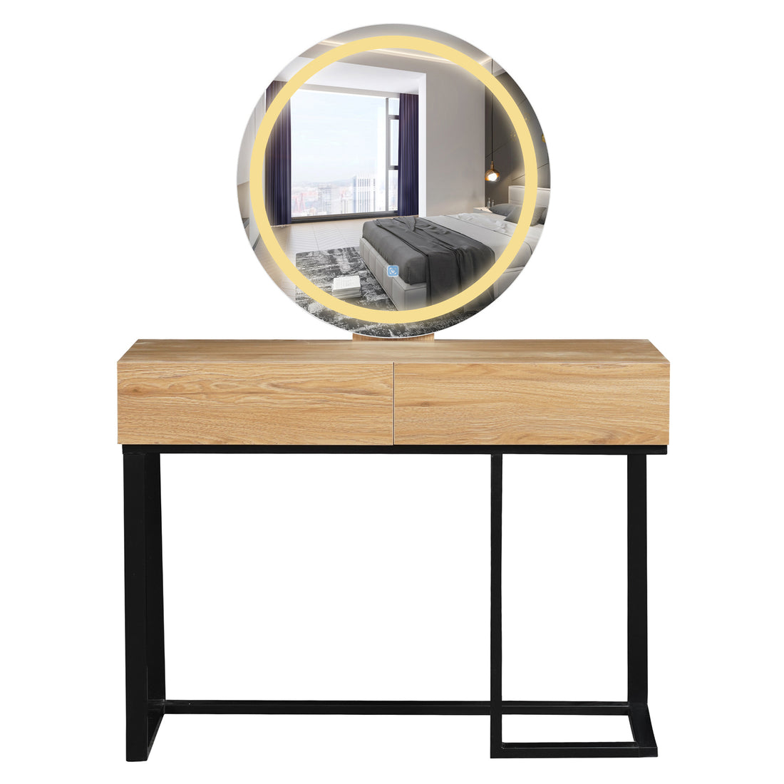 Ophira Dressing Table with Touch Screen Mirror in Light Oak features a light-wood tabletop, dual drawers, sleek black metal legs, and a large LED-lit round mirror for elegant functionality.