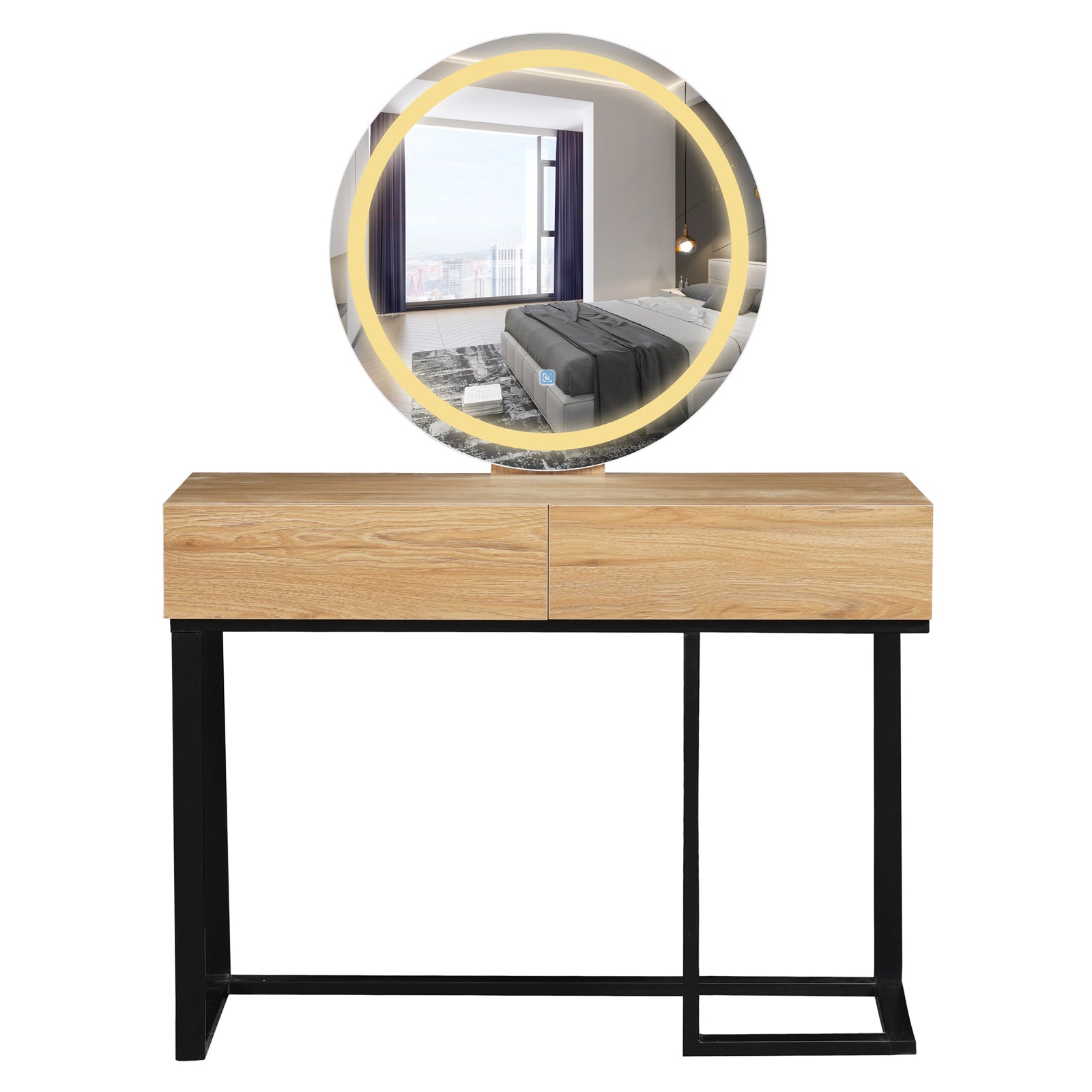 Ophira Dressing Table with Touch Screen Mirror in Light Oak features a light-wood tabletop, dual drawers, sleek black metal legs, and a large LED-lit round mirror for elegant functionality.
