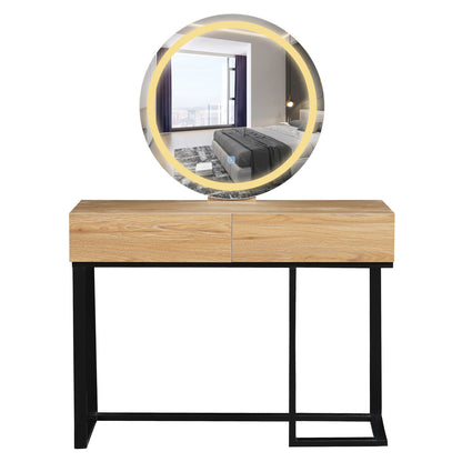 Ophira Dressing Table with Touch Screen Mirror in Light Oak features a light-wood tabletop, dual drawers, sleek black metal legs, and a large LED-lit round mirror for elegant functionality.