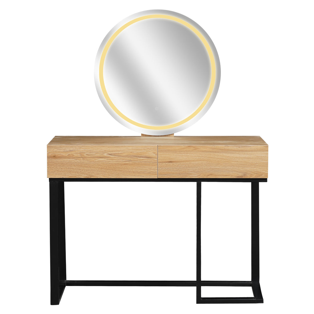 Ophira Dressing Table with Touch Screen Mirror in Light Oak features a minimalist design with a light-wood top, two drawers, black metal frame, and a large round LED-lit mirror.