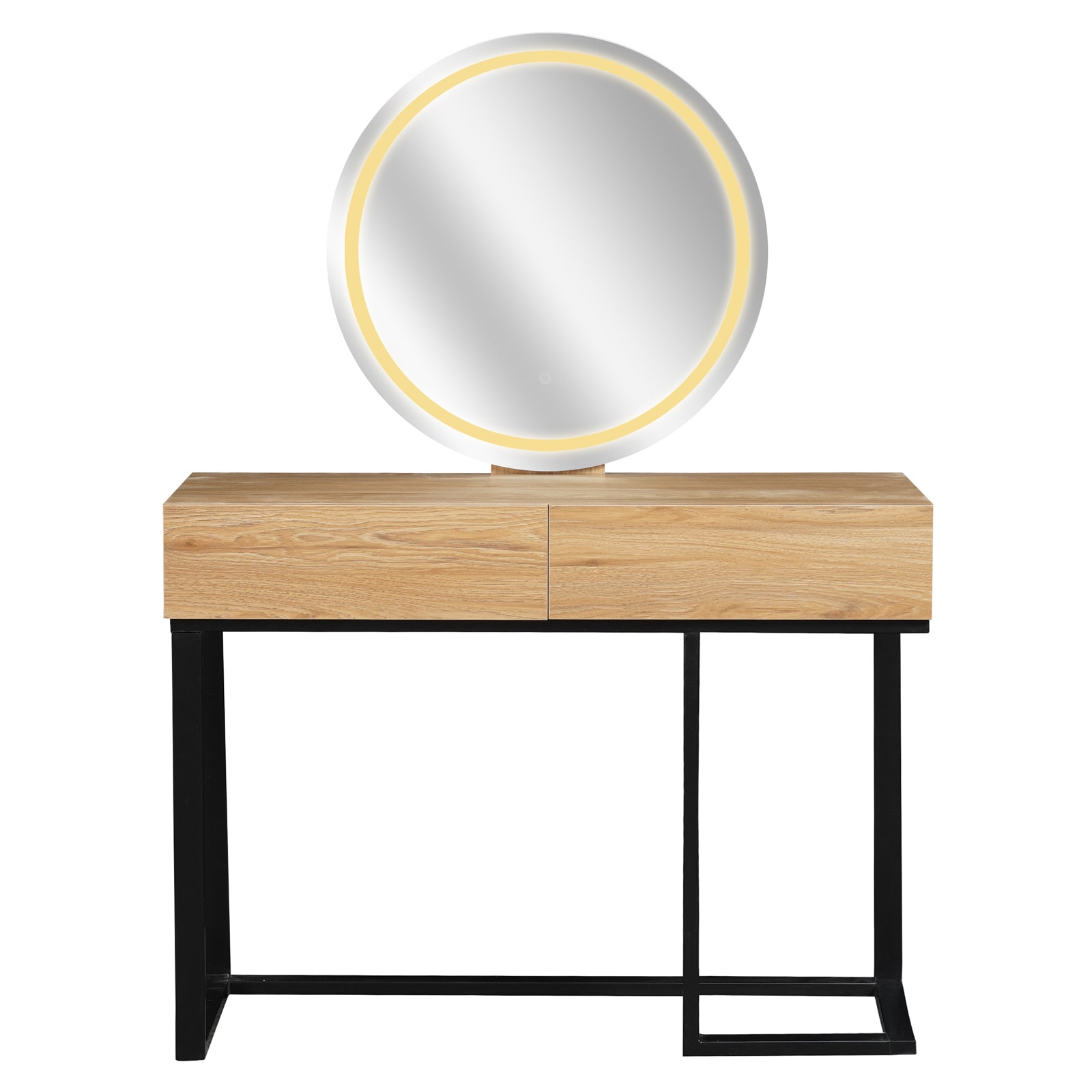 Ophira Dressing Table with Touch Screen Mirror in Light Oak features a minimalist design with a light-wood top, two drawers, black metal frame, and a large round LED-lit mirror.