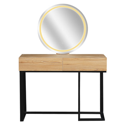 Ophira Dressing Table with Touch Screen Mirror in Light Oak features a minimalist design with a light-wood top, two drawers, black metal frame, and a large round LED-lit mirror.