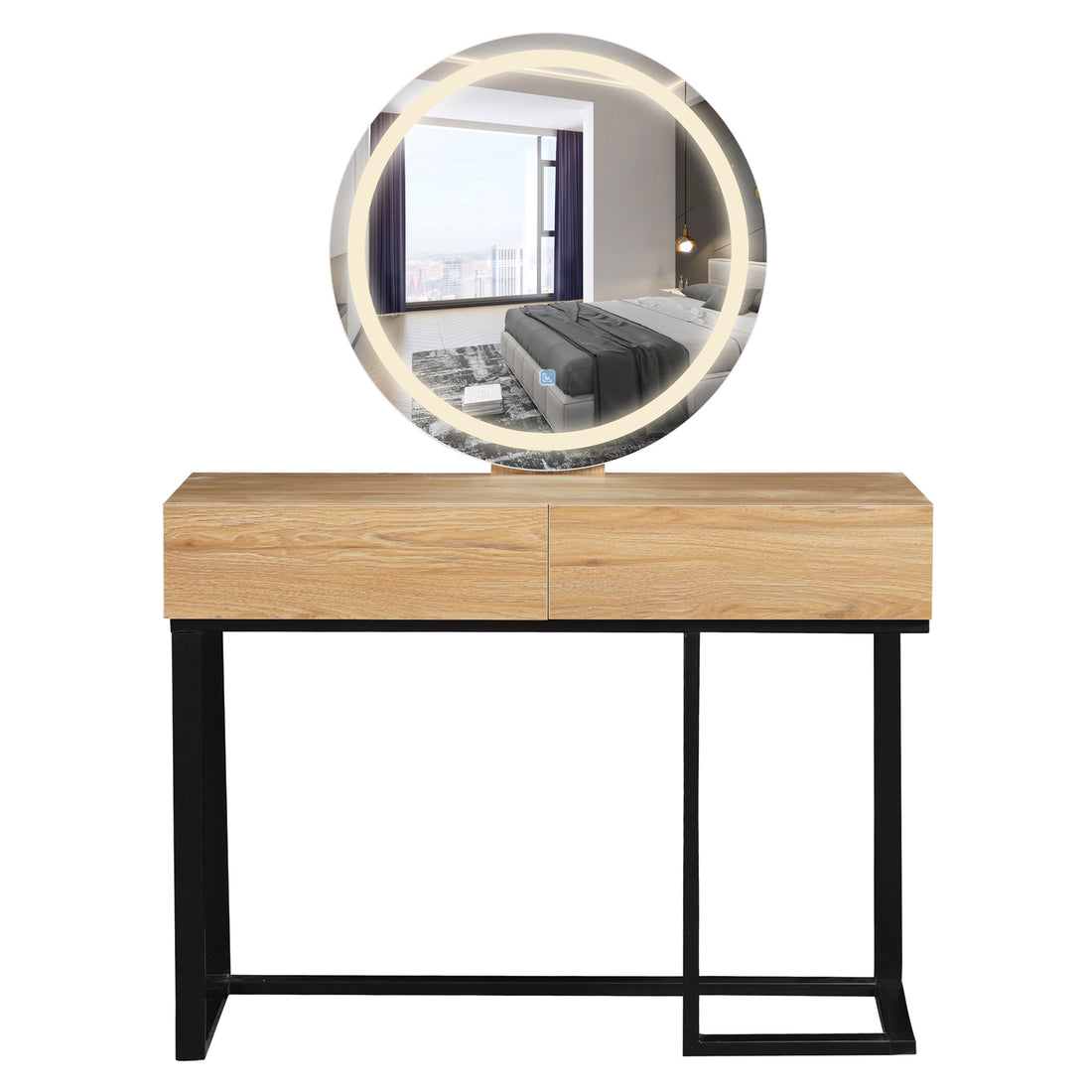 Ophira Dressing Table with Touch Screen Mirror in Light Oak features a sleek wooden tabletop, two drawers, and a large round LED-lit mirror, supported by a slim black metal frame.