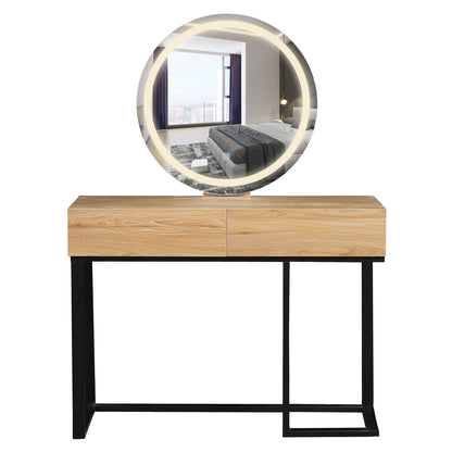 Ophira Dressing Table with Touch Screen Mirror in Light Oak features a sleek wooden tabletop, two drawers, and a large round LED-lit mirror, supported by a slim black metal frame.