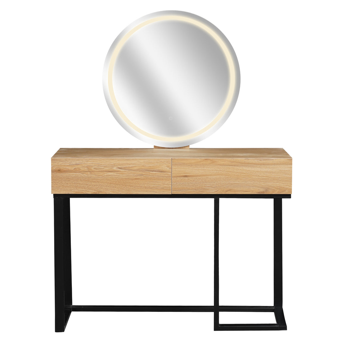 Ophira Dressing Table with Touch Screen Mirror in Light Oak features a light-wood top with two drawers, supported by a black metal frame, and a large round LED-lit mirror.
