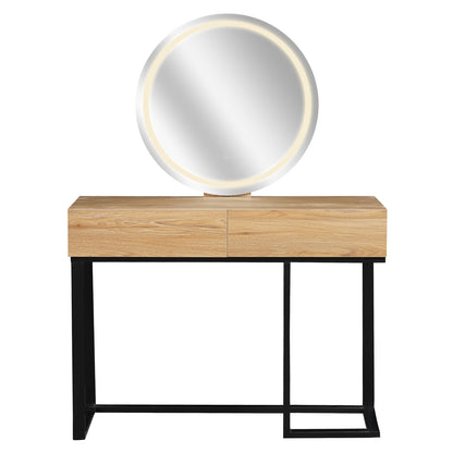 Ophira Dressing Table with Touch Screen Mirror in Light Oak features a light-wood top with two drawers, supported by a black metal frame, and a large round LED-lit mirror.