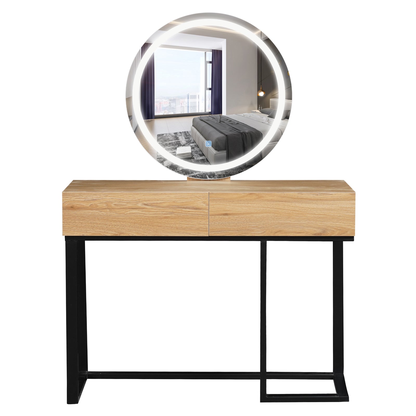 Ophira Dressing Table with Touch Screen Mirror in Light Oak features a light wood-grain top, two drawers, and a large round LED-lit mirror set in a sleek black metal frame.