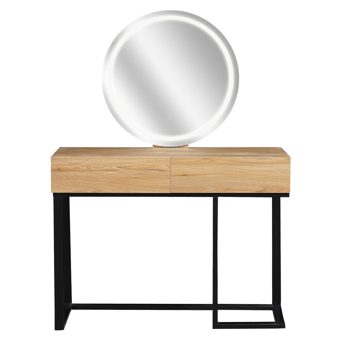 Ophira Dressing Table with Touch Screen Mirror in Light Oak features a minimalist design with a light-wood top, two drawers, black metal frame, and a large round mirror with LED backlight.