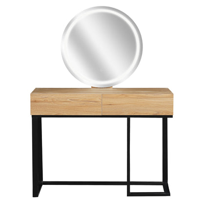 Ophira Dressing Table with Touch Screen Mirror in Light Oak features a minimalist design with a light-wood top, two drawers, black metal frame, and a large round mirror with LED backlight.