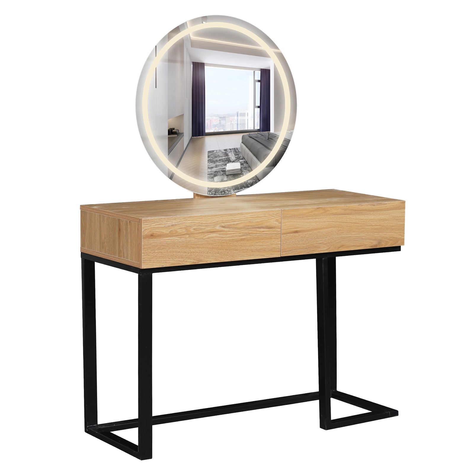 Ophira Dressing Table with Touch Screen Mirror in Light Oak features a large round LED-lit mirror, two drawers, and a sleek black metal frame, offering modern elegance and functionality.