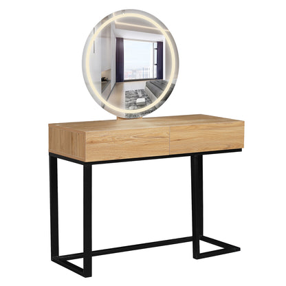 Ophira Dressing Table with Touch Screen Mirror in Light Oak features a large round LED-lit mirror, two drawers, and a sleek black metal frame, offering modern elegance and functionality.